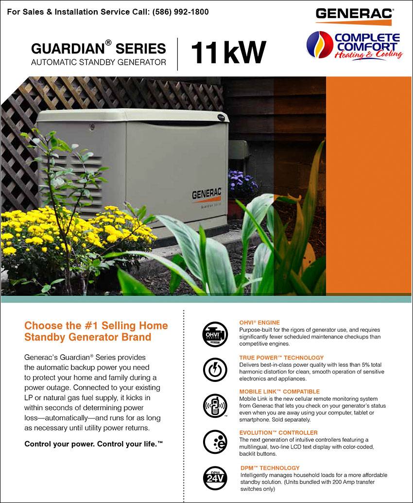GENERAC-Guardian Series Residential Generator 11kW-Complete Comfort Heating & Cooling-Macomb, MI